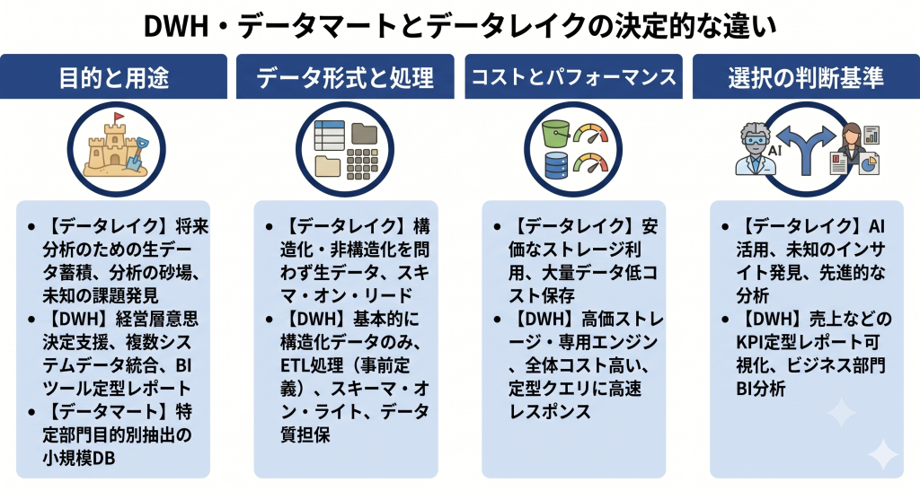 DWH・データマートとデータレイクの決定的な違いのイメージ