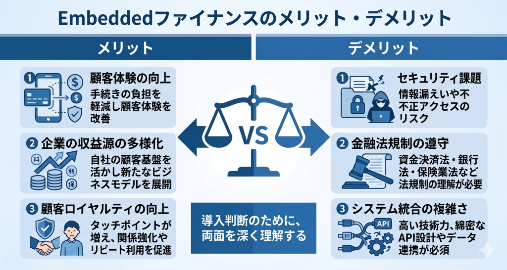 金融業界においてEmbeddedファイナンスのメリット・デメリットを示したイメージ