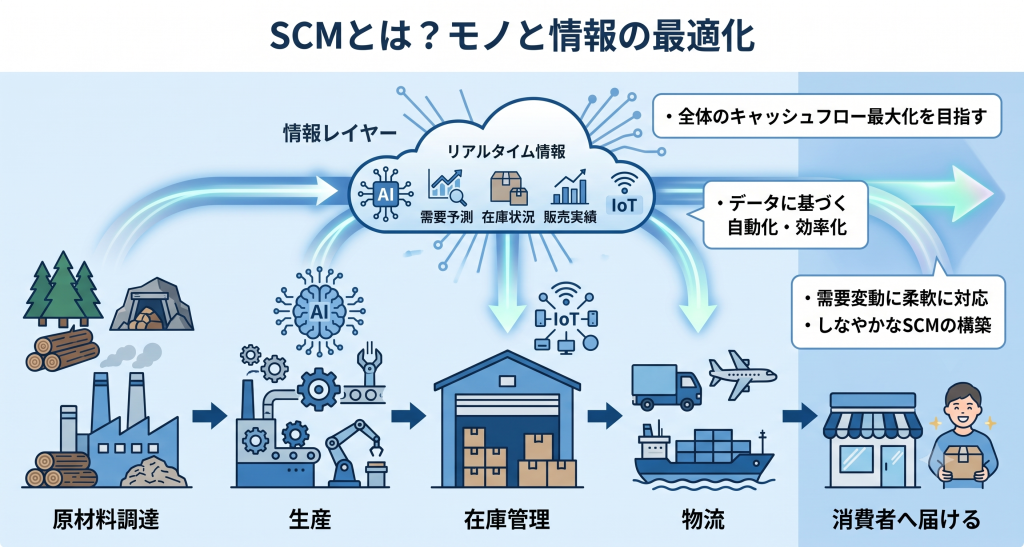 SCMとは？モノと情報の最適化のイメージ