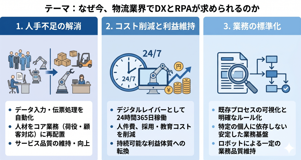 なぜ今、物流業界でDXとRPAが求められるのかを表したイメージ