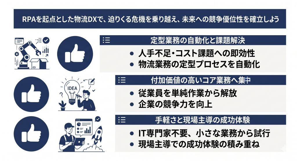 RPAを起点とした物流DXで、迫りくる危機を乗り越え、未来への競争優位性を確立しているイメージ