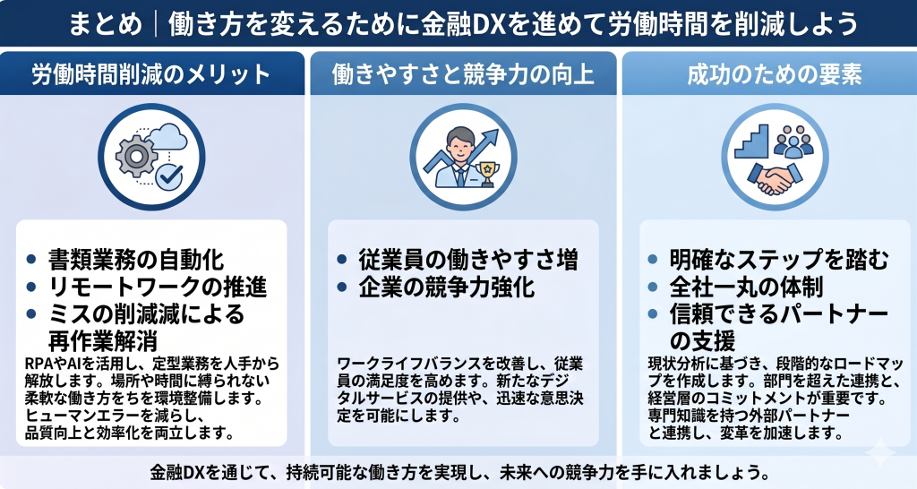 金融DX推進により労働時間削減を実現する様子を表したイメージ