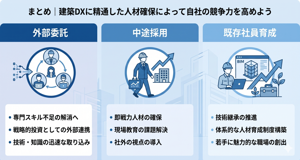 建設DXに精通した人材確保によって自社の競争力を高める様子を表すイメージ