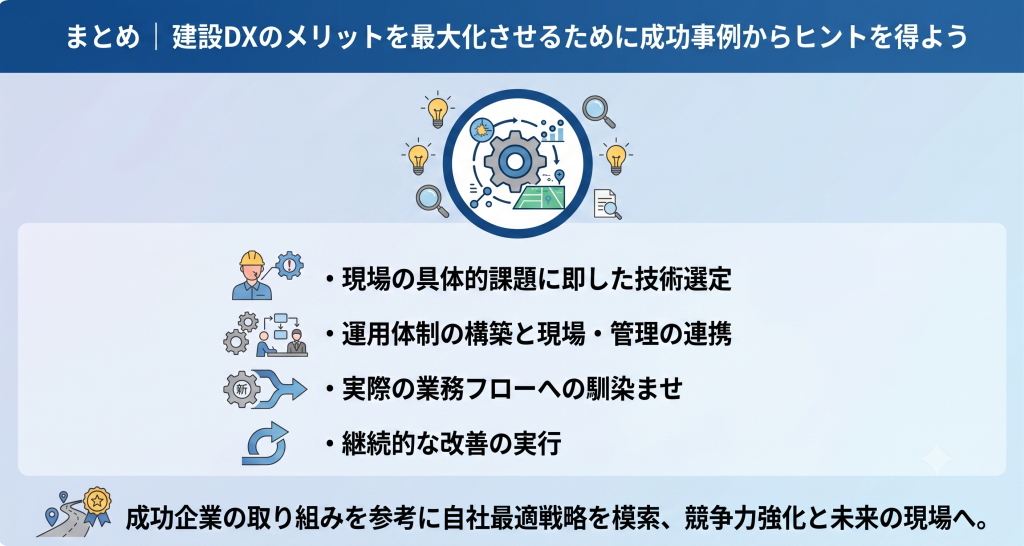 建設DXのメリット最大化に努める様子を示したイメージ