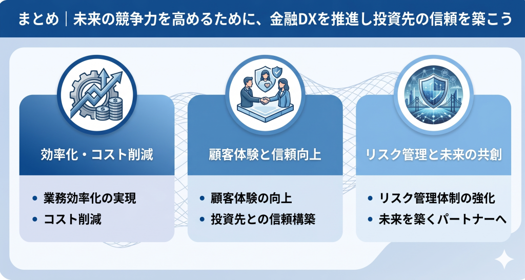 競争力を高めるために、金融DXを推進し投資先の信頼を築くメリットを挙げたイメージ