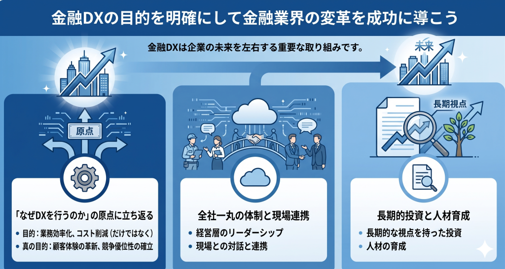 金融DXの目的明確化により金融業界の変革を目指す様子を表したイメージ