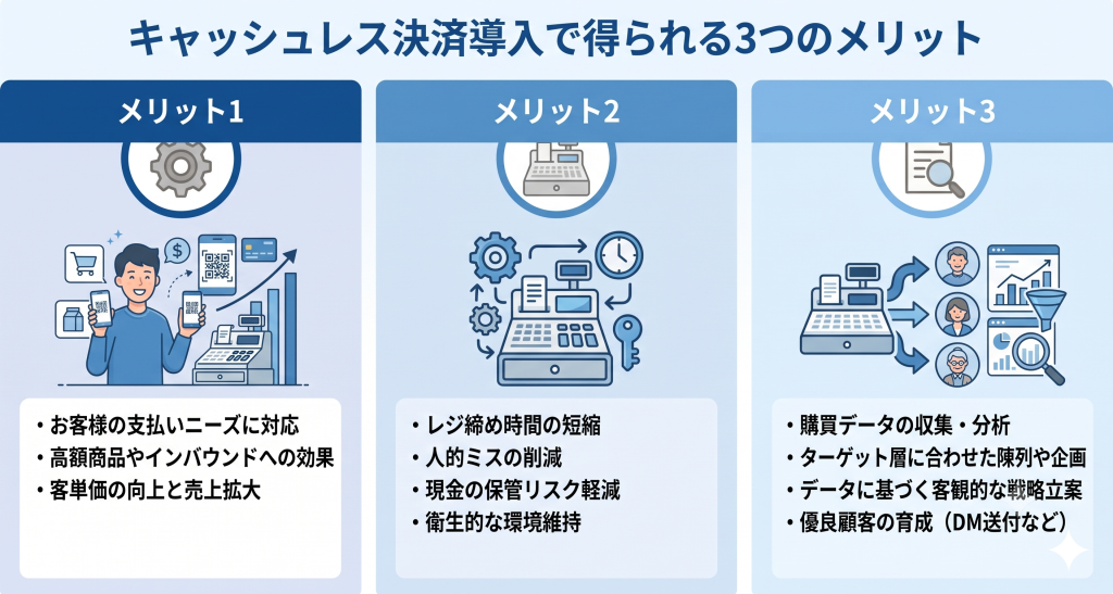 キャッシュレス決済導入で得られる3つのメリットのイメージ