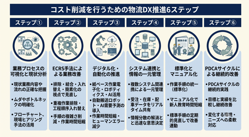 コスト削減を行うための物流DX推進について説明するイメージ