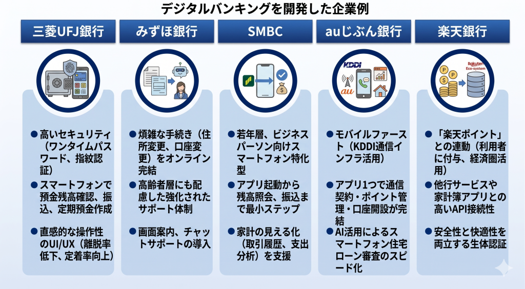 金融業界におけるデジタルバンキングを開発した企業例を表したイメージ