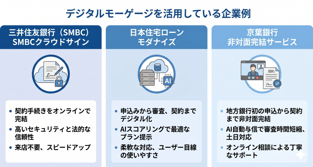 金融業界においてデジタルモーゲージを活用している企業例を表したイメージ