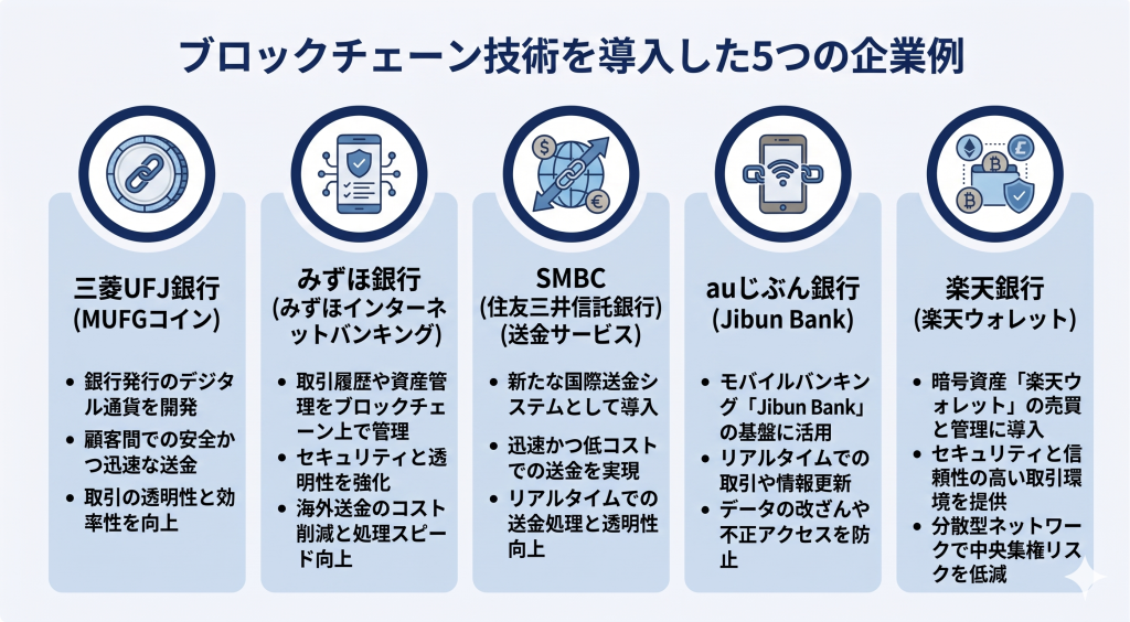 金融業界においてブロックチェーン技術を導入した企業例を示すイメージ
