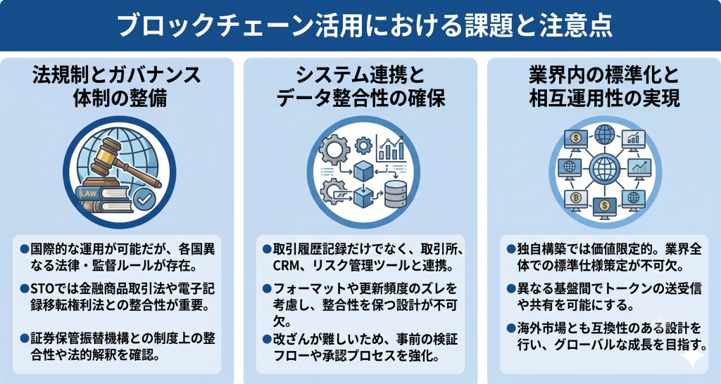 ブロックチェーン活用における課題と注意点について議論する様子を表したイメージ