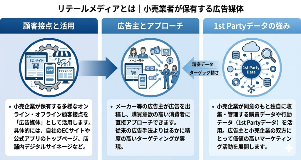 リテールメディアとは、小売業者が保有する広告媒体を表しているイメージ