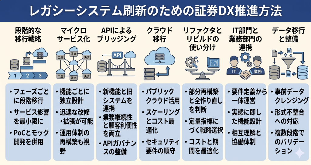 レガシーシステム刷新のための証券DX推進方法について議論する様子を表したイメージ