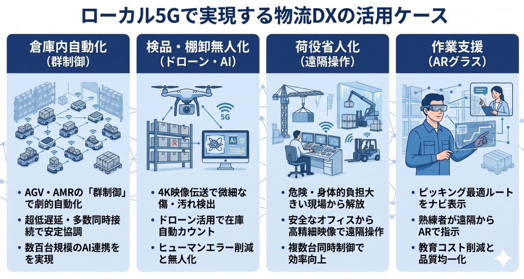ローカル5Gで実現する物流DXの活用ケースを示すイメージ