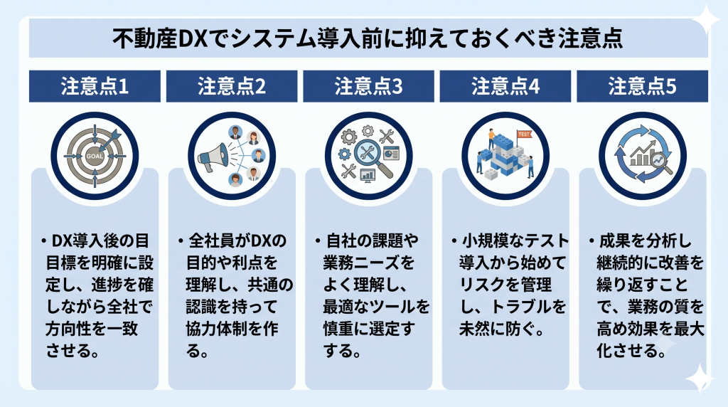 不動産DX導入の注意点について示したイメージ