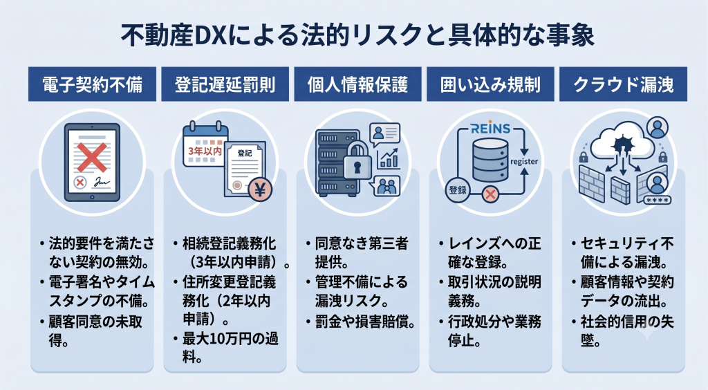 不動産DXによる法的リスクと具体的な事象について話し合っている様子を表したイメージ