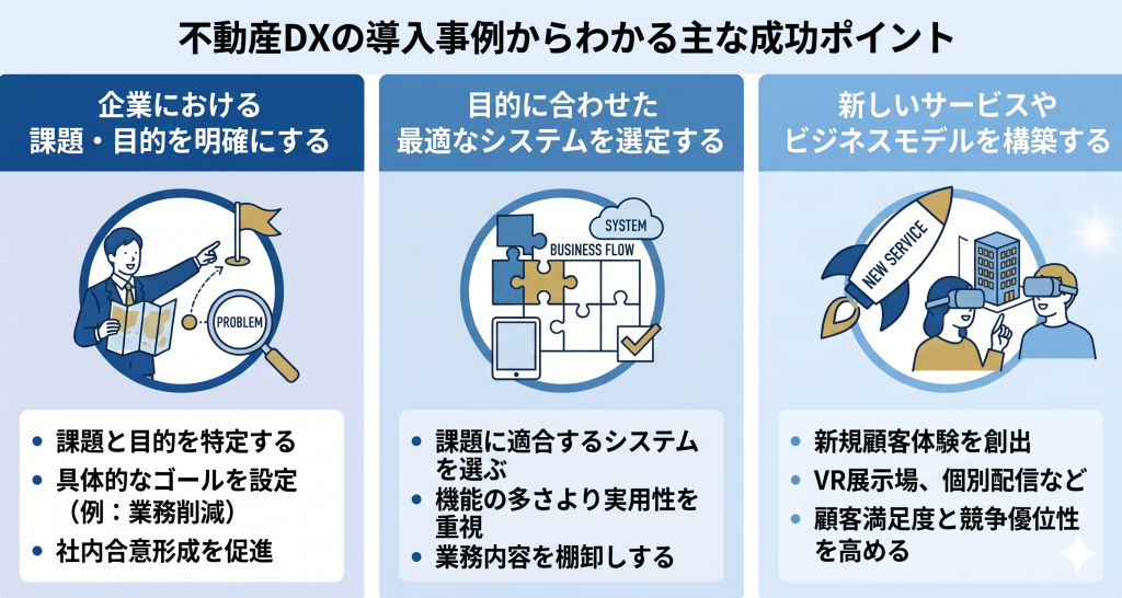 不動産DXの導入事例からわかる主な成功ポイントのイメージ