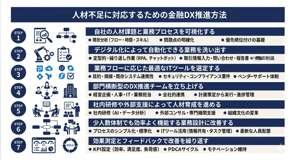 人材不足に対応するための金融DX推進方法について議論する様子を表したイメージ