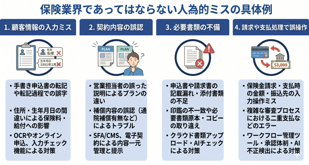 保険業界であってはならない人為的ミスの具体例について表したイメージ