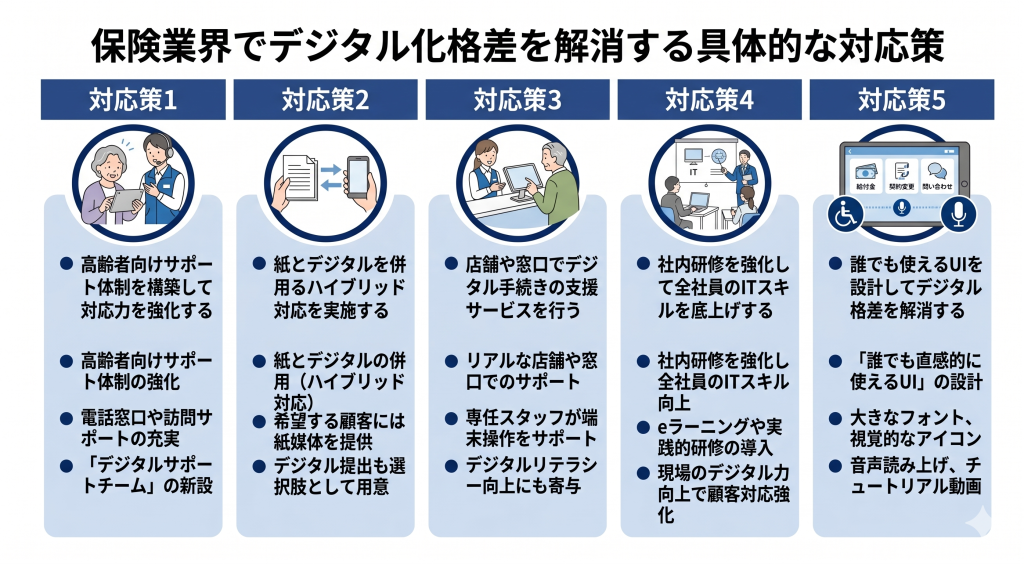 保険業界でデジタル化格差を解消する具体的な対応策について考える様子を表したイメージ