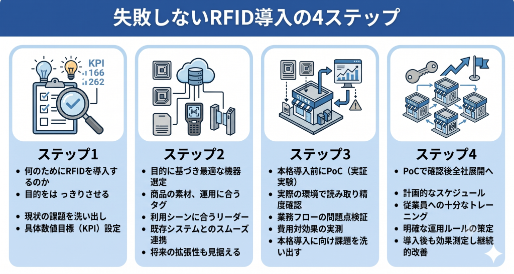 失敗しないRFID導入の4ステップのイメージ