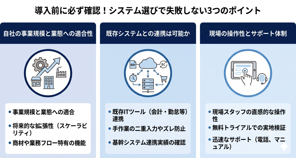 導入前に必ず確認！システム選びで失敗しない3つのポイントを表したイメージ