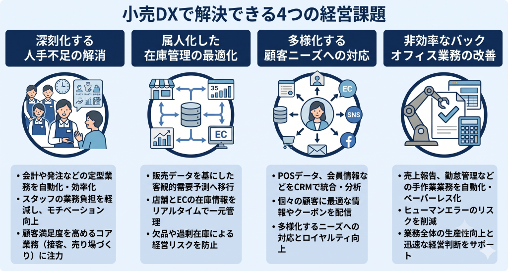 小売DXで解決できる4つの経営課題を表したイメージ