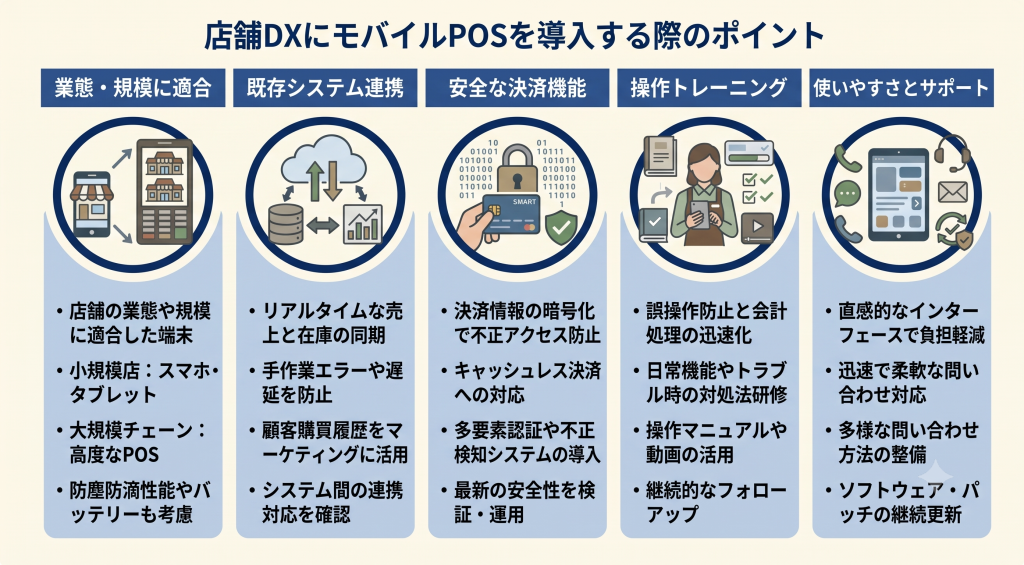 店舗DXにモバイルPOSを導入する際のポイントのイメージ