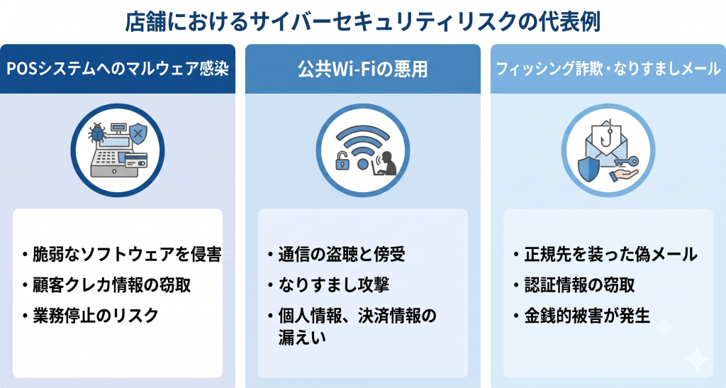 店舗におけるサイバーセキュリティリスクの代表例のイメージ