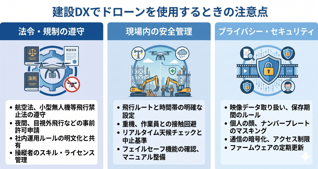 建設DXでドローンを使用するときの注意点を示したイメージ