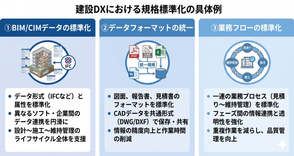 建設DXにおける規格標準化の具体例のイメージ