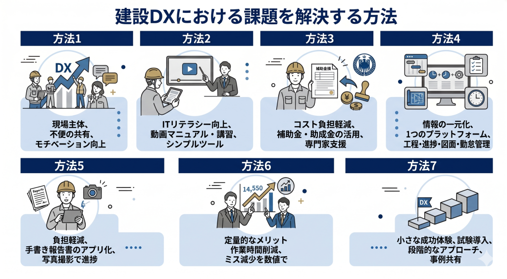 建設DXにおける課題を解決する方法を模索する様子を表したイメージ