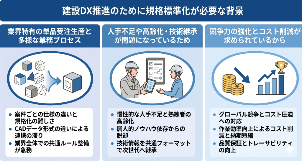 建設DX推進のために規格標準化が必要な背景を表したイメージ
