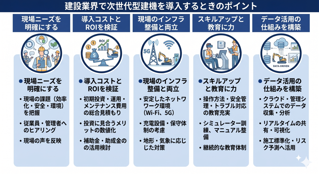 建設業界で次世代型建機を導入するときのポイントのイメージ