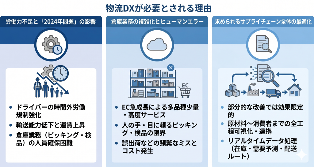物流業界においてDXが必要とされる理由について考えるイメージ