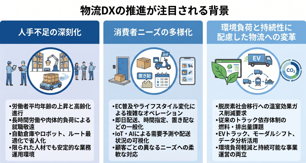 物流DXの推進が注目される背景を示すイメージ