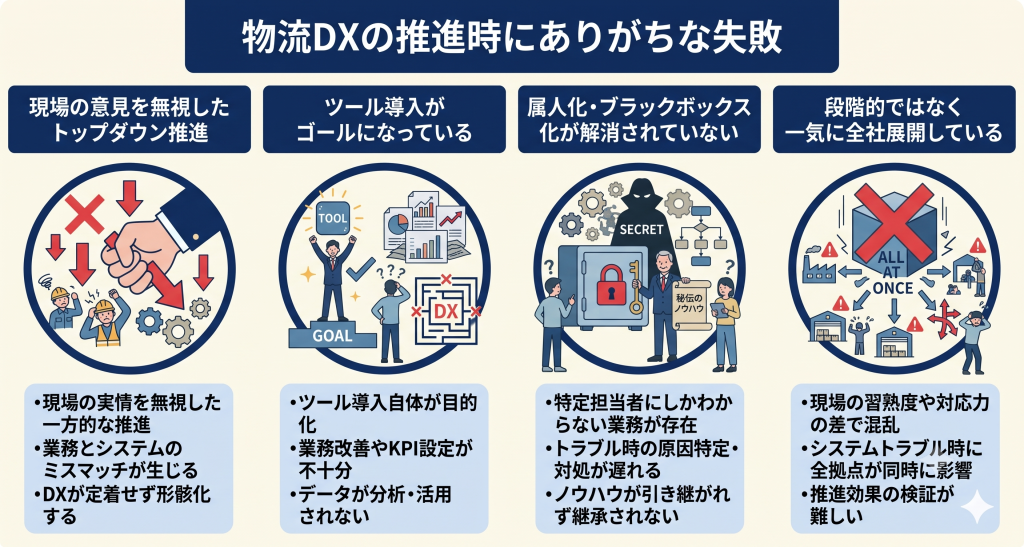 物流DXの推進時にありがちな失敗について考えるイメージ
