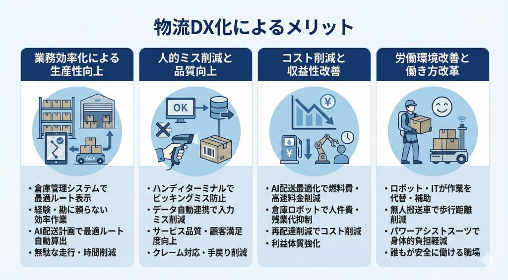 物流業界におけるDX化のメリットを示したイメージ