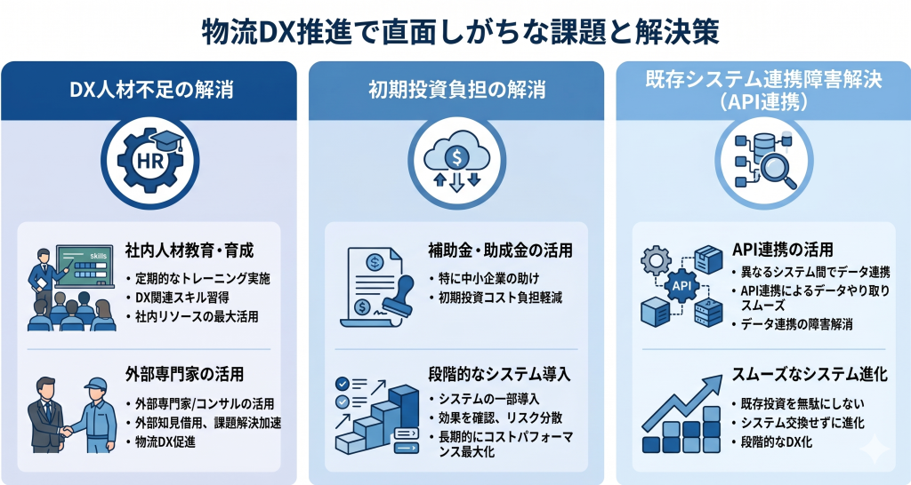 物流DX推進における課題と解決策について模索する様子を示したイメージ