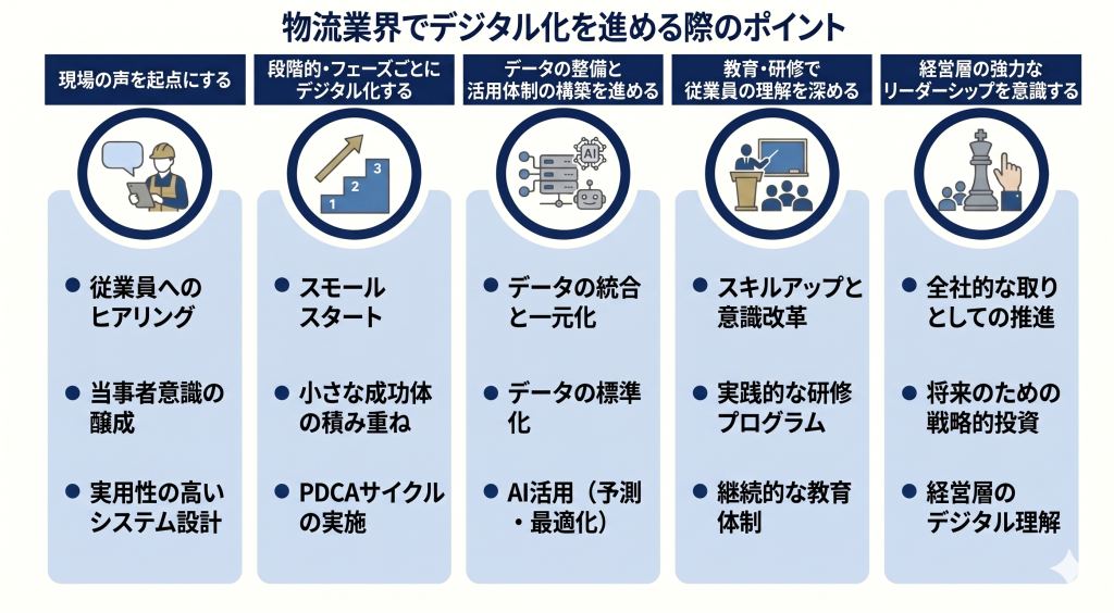 物流業界でデジタル化を進める際のポイントを説明するイメージ