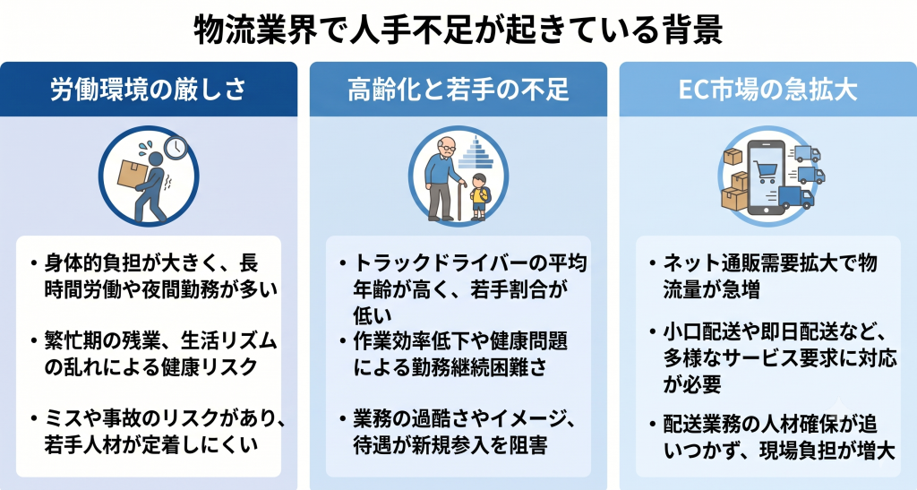 物流業界で人手不足が起きている背景について考える様子を示したイメージ