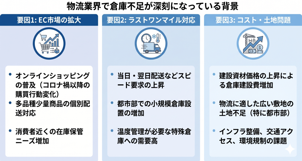 物流業界で倉庫不足が深刻になっている背景のイメージ