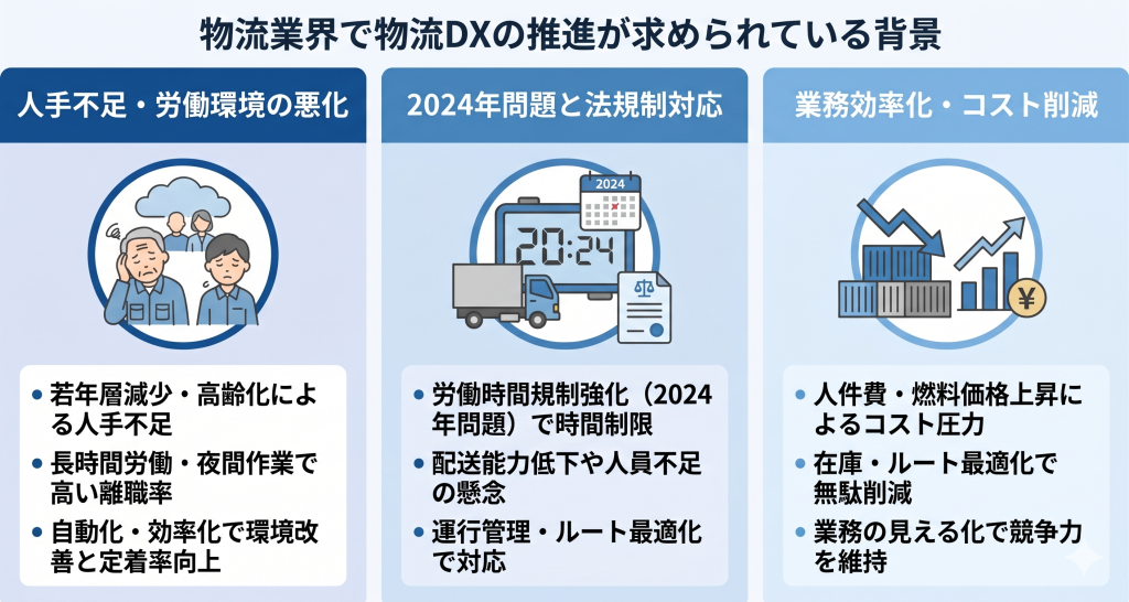 物流業界で物流DXの推進が求められている背景を表したイメージ