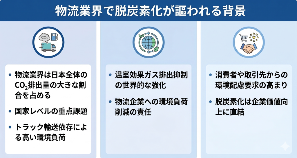 物流業界で脱炭素化が謳われる背景のイメージ