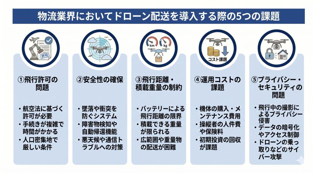 物流業界においてドローン配送を導入する際の5つの課題のイメージ