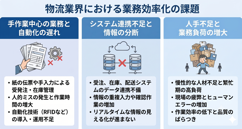 物流業界における業務効率化の課題について話し合うイメージ