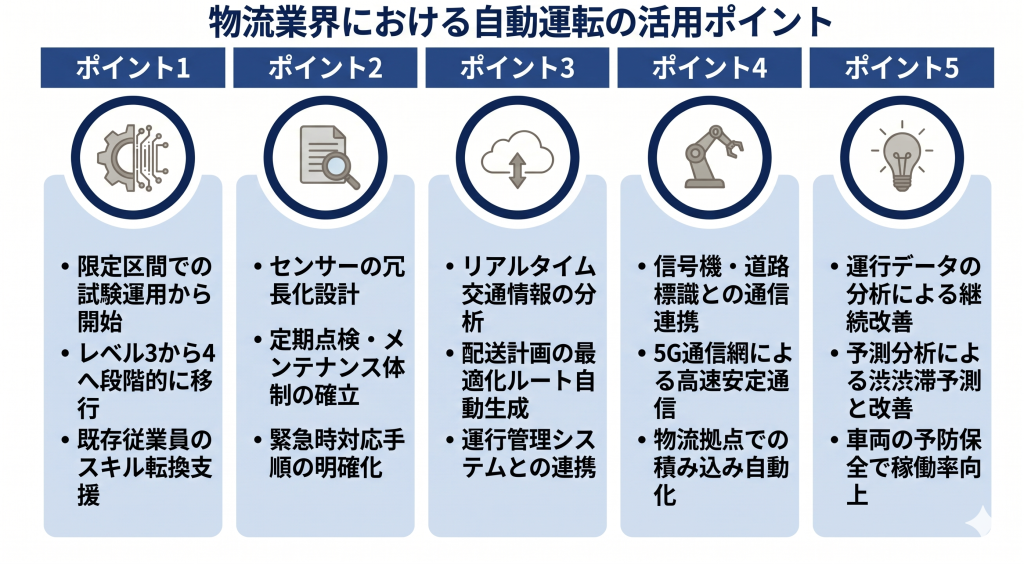 物流業界における自動運転の活用ポイントのイメージ