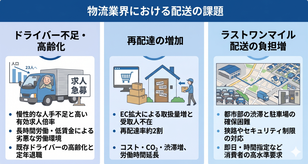 物流業界における配送の課題のイメージ