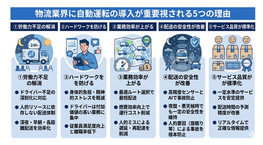 物流業界に自動運転の導入が重要視される5つの理由のイメージ